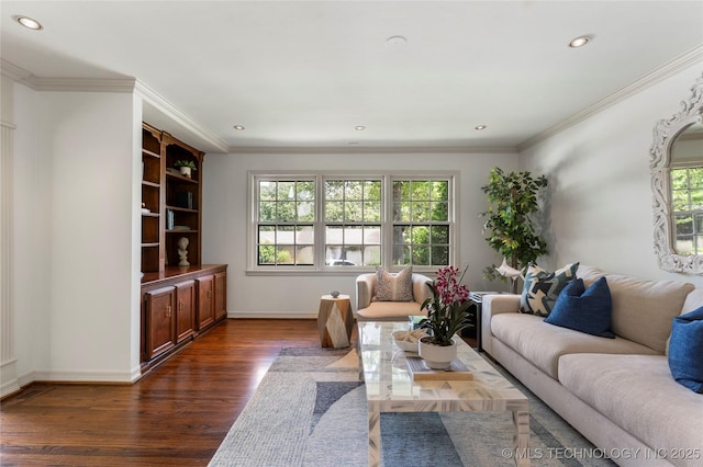 4146 S Birmingham Pl, Tulsa, OK 74105 - living area with plenty of natural light, dark wood-style floors, recessed lighting, and crown molding