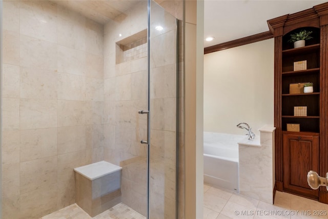 4146 S Birmingham Pl, Tulsa, OK 74105 - full bathroom featuring a garden tub, a tile shower, ornamental molding, and tile patterned flooring