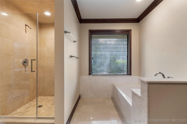 4146 S Birmingham Pl, Tulsa, OK 74105 - full bath with a bath, crown molding, a stall shower, and tile patterned floors