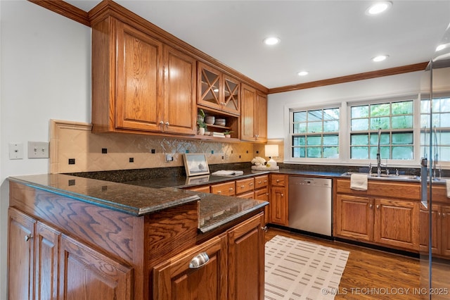 4146 S Birmingham Pl, Tulsa, OK 74105 - kitchen with dishwasher, ornamental molding, brown cabinetry, dark stone counters, and recessed lighting