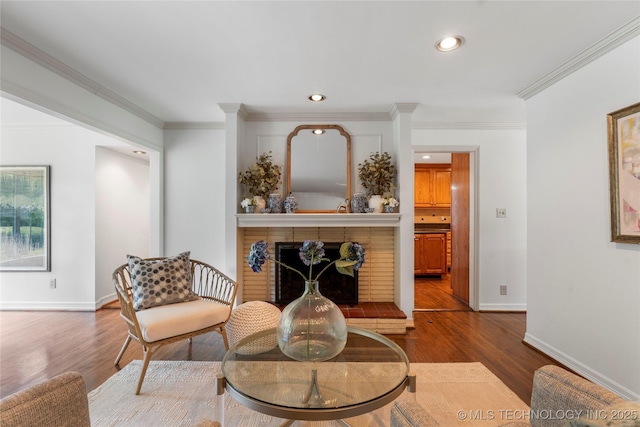 4146 S Birmingham Pl, Tulsa, OK 74105 - living area with dark wood-style flooring, crown molding, recessed lighting, and a brick fireplace