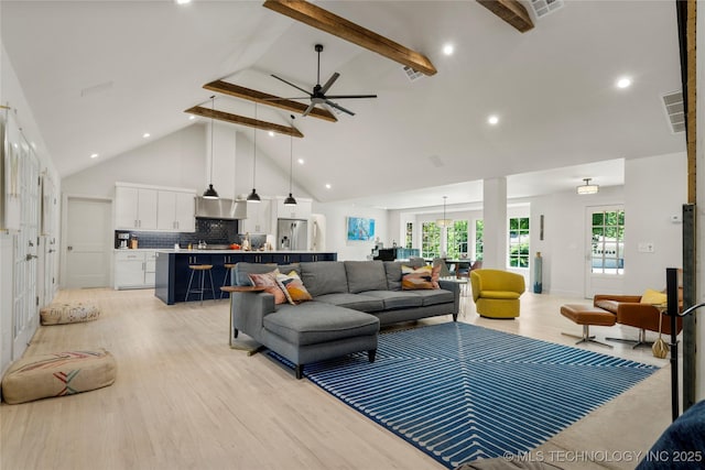 3918 S Evanston Ave, Tulsa, OK 74105 - living area with high vaulted ceiling, ceiling fan, beamed ceiling, light wood-type flooring, and recessed lighting