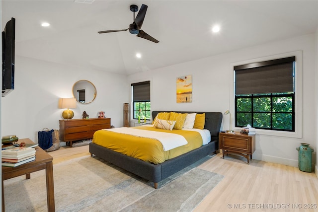 3918 S Evanston Ave, Tulsa, OK 74105 - bedroom featuring wood finished floors, recessed lighting, lofted ceiling, and ceiling fan