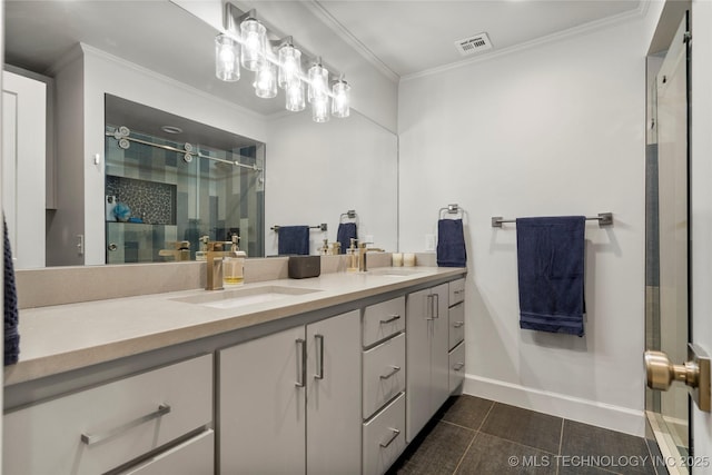 3918 S Evanston Ave, Tulsa, OK 74105 - full bathroom with double vanity, a stall shower, tile patterned floors, and ornamental molding