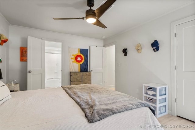 3918 S Evanston Ave, Tulsa, OK 74105 - bedroom with crown molding, light wood finished floors, ceiling fan, and ensuite bathroom