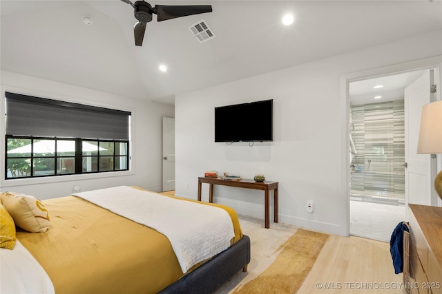 3918 S Evanston Ave, Tulsa, OK 74105 - bedroom with recessed lighting, light wood-style flooring, vaulted ceiling, ensuite bathroom, and a ceiling fan