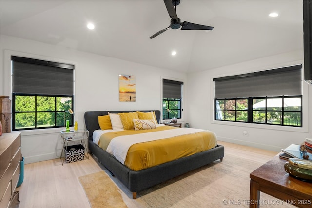 3918 S Evanston Ave, Tulsa, OK 74105 - bedroom featuring wood finished floors, vaulted ceiling, recessed lighting, and a ceiling fan