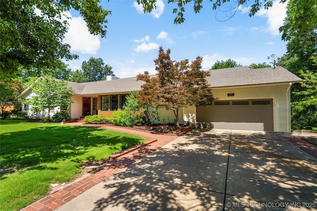 3918 S Evanston Ave, Tulsa, OK 74105 - view of front of property featuring an attached garage, driveway, a front lawn, brick siding, and a chimney