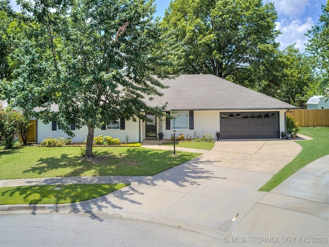 5610 S 75th E Pl, Tulsa, OK 74145 - ranch-style home with concrete driveway, an attached garage, brick siding, and a shingled roof