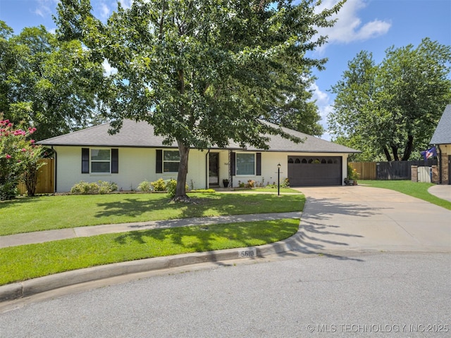 5610 S 75th E Pl, Tulsa, OK 74145 - ranch-style house with a garage, concrete driveway, a shingled roof, and brick siding