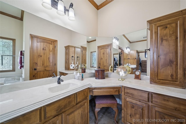 7355 E 453rd Rd, Claremore, OK 74017 - full bath with crown molding, double vanity, healthy amount of natural light, and a shower