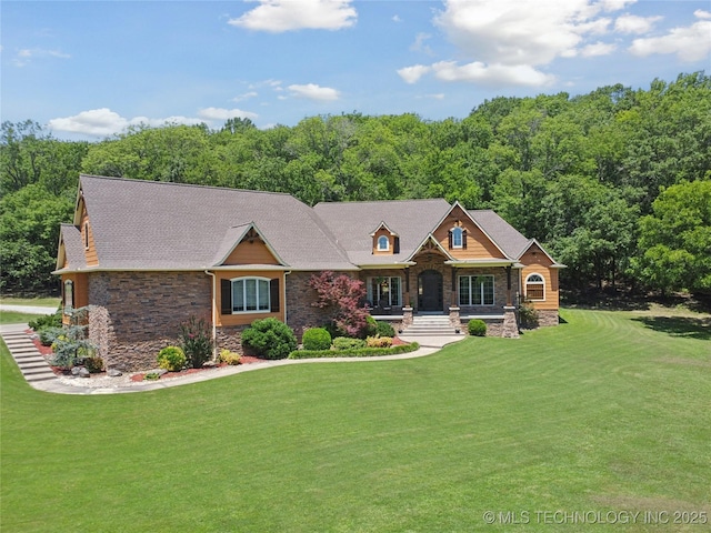 7355 E 453rd Rd, Claremore, OK 74017 - craftsman inspired home with stone siding, a front lawn, a porch, and a view of trees
