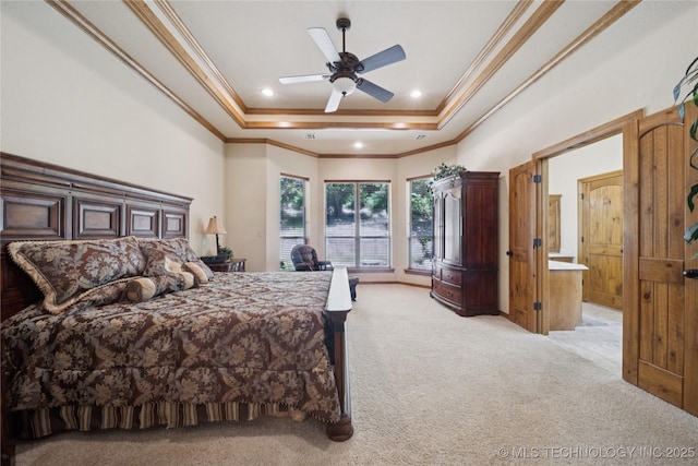 7355 E 453rd Rd, Claremore, OK 74017 - bedroom featuring light colored carpet, ornamental molding, a tray ceiling, and recessed lighting