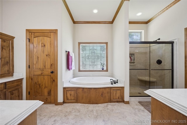 7355 E 453rd Rd, Claremore, OK 74017 - bathroom featuring crown molding, a garden tub, and a stall shower
