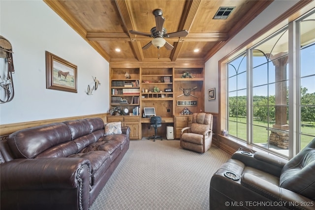 7355 E 453rd Rd, Claremore, OK 74017 - carpeted living area with a wooden ceiling with exposed beams, built in features, a ceiling fan, an office area, and ornamental molding