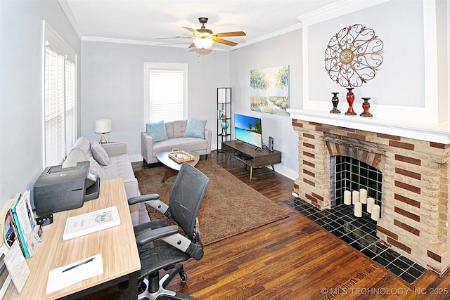 2216 E 8th St, Tulsa, OK 74104 - office featuring dark wood-style flooring, crown molding, ceiling fan, and a fireplace with flush hearth