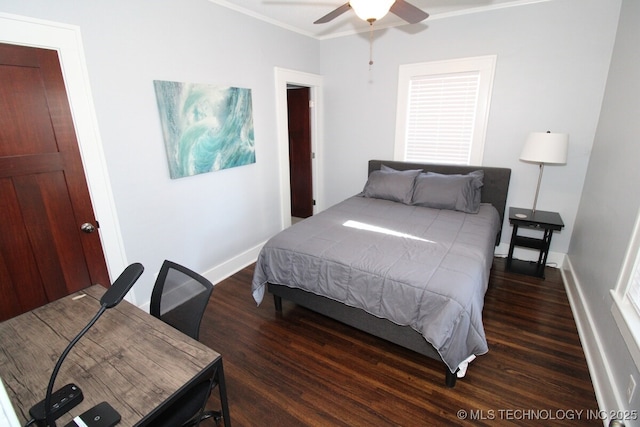 2216 E 8th St, Tulsa, OK 74104 - bedroom with wood finished floors, crown molding, and ceiling fan
