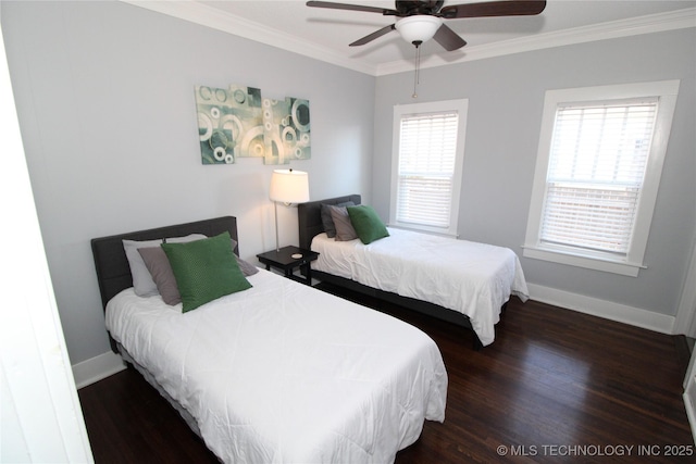 2216 E 8th St, Tulsa, OK 74104 - bedroom featuring crown molding, wood finished floors, and a ceiling fan