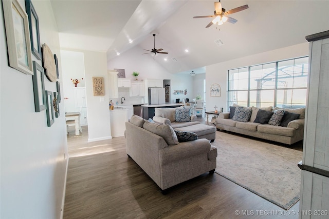 11940 County Road 3513, Ada, OK 74820 - living area with ceiling fan, wood finished floors, and high vaulted ceiling
