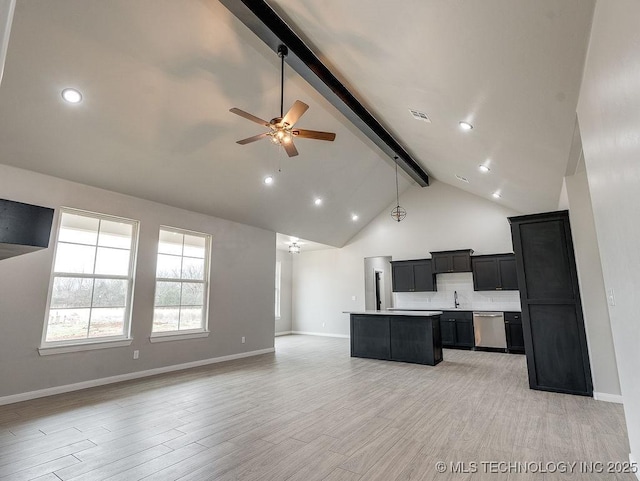 12098 County Road 3513th Loop, Ada, OK 74820 - kitchen with open floor plan, beamed ceiling, ceiling fan, dark cabinetry, and a center island