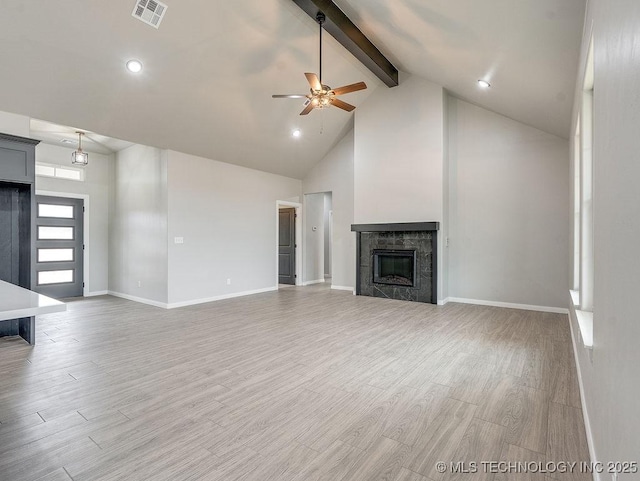 12098 County Road 3513th Loop, Ada, OK 74820 - unfurnished living room with beam ceiling, a ceiling fan, a high end fireplace, high vaulted ceiling, and light wood-type flooring