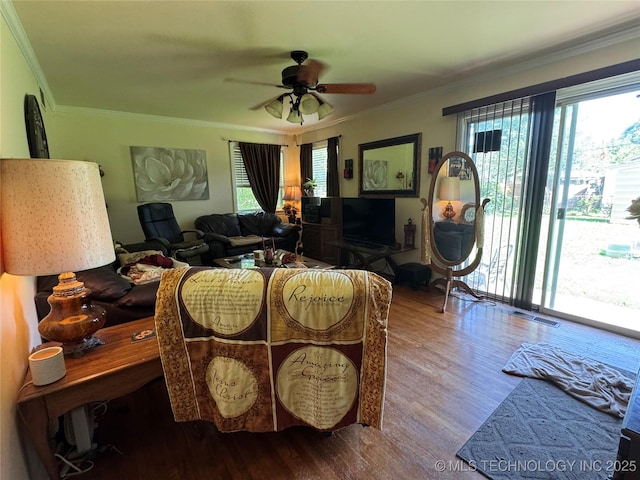 508 W Toledo Pl, Broken Arrow, OK 74012 - living area featuring wood finished floors, crown molding, and ceiling fan