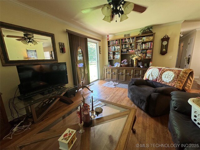 508 W Toledo Pl, Broken Arrow, OK 74012 - living room with ceiling fan, wood finished floors, and ornamental molding