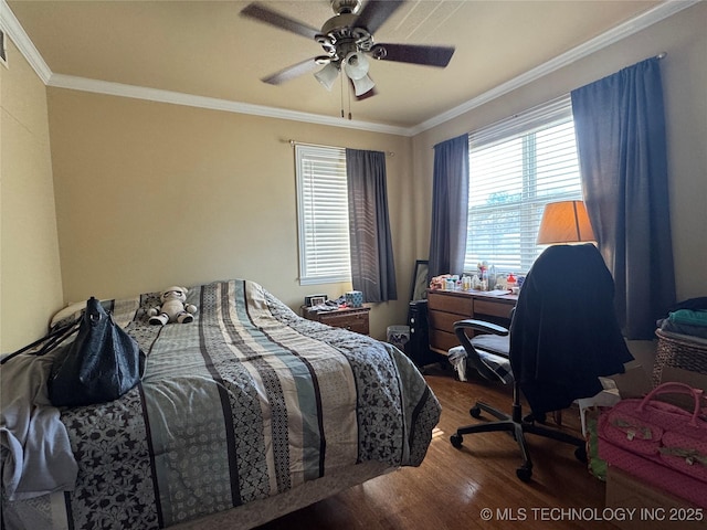 508 W Toledo Pl, Broken Arrow, OK 74012 - bedroom featuring wood finished floors, multiple windows, crown molding, and a ceiling fan