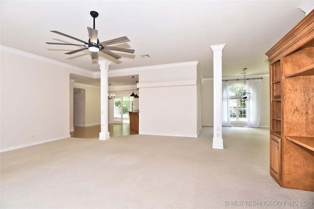 1004 E Fargo St S, Broken Arrow, OK 74012 - unfurnished living room featuring crown molding, a ceiling fan, ornate columns, and light colored carpet
