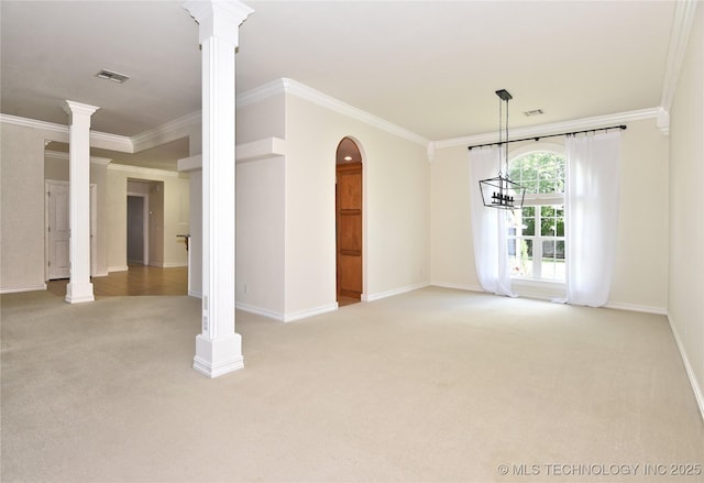 1004 E Fargo St S, Broken Arrow, OK 74012 - empty room with light colored carpet, ornamental molding, ornate columns, and a chandelier
