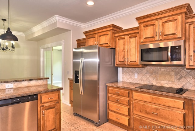 1004 E Fargo St S, Broken Arrow, OK 74012 - kitchen with appliances with stainless steel finishes, decorative backsplash, light tile patterned floors, ornamental molding, and brown cabinets