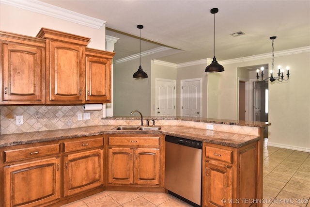1004 E Fargo St S, Broken Arrow, OK 74012 - kitchen with light tile patterned floors, a peninsula, stainless steel dishwasher, brown cabinets, and ornamental molding