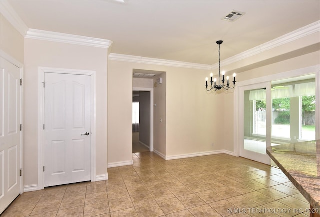 1004 E Fargo St S, Broken Arrow, OK 74012 - unfurnished room with ornamental molding, a chandelier, and light tile patterned flooring