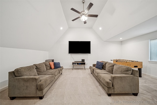 7383 S 288th E Ave, Broken Arrow, OK 74014 - living room with light colored carpet, lofted ceiling, a ceiling fan, and recessed lighting