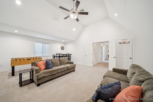 7383 S 288th E Ave, Broken Arrow, OK 74014 - living area with recessed lighting, light carpet, a ceiling fan, and high vaulted ceiling