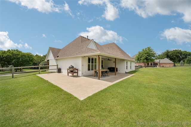 7383 S 288th E Ave, Broken Arrow, OK 74014 - back of house featuring a ceiling fan, brick siding, a fenced backyard, roof with shingles, and a patio area