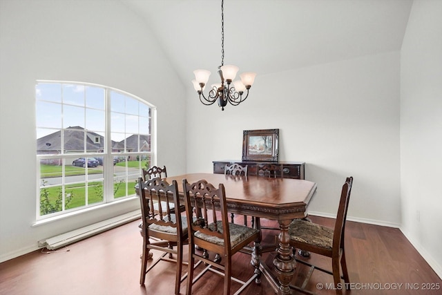 7316 E Knoxville St, Broken Arrow, OK 74014 - dining space featuring a chandelier, baseboard heating, wood finished floors, and vaulted ceiling