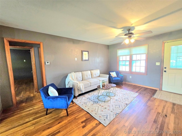 305 Chronister Ave, Drumright, OK 74030 - living room with wood finished floors and ceiling fan