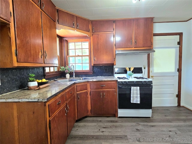 305 Chronister Ave, Drumright, OK 74030 - kitchen with range with gas cooktop, light wood-style flooring, backsplash, under cabinet range hood, and brown cabinets