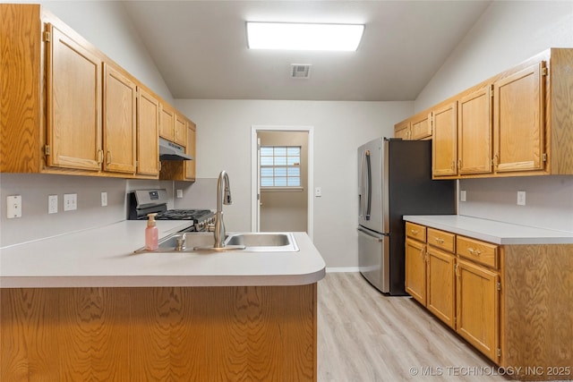 715 S Muskogee St, Sapulpa, OK 74066 - kitchen with a peninsula, stainless steel appliances, vaulted ceiling, light wood-style flooring, and light countertops