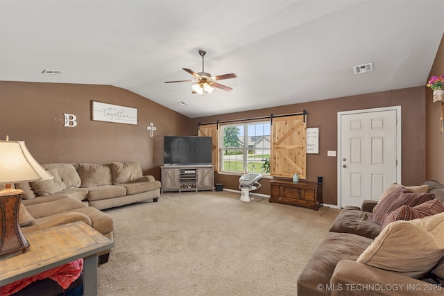 24 Faye Ave, Inola, OK 74036 - living area with vaulted ceiling, ceiling fan, and light carpet