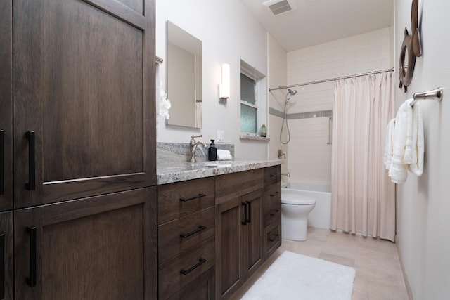 full bathroom with shower / bathtub combination with curtain, tile patterned flooring, vanity, and toilet