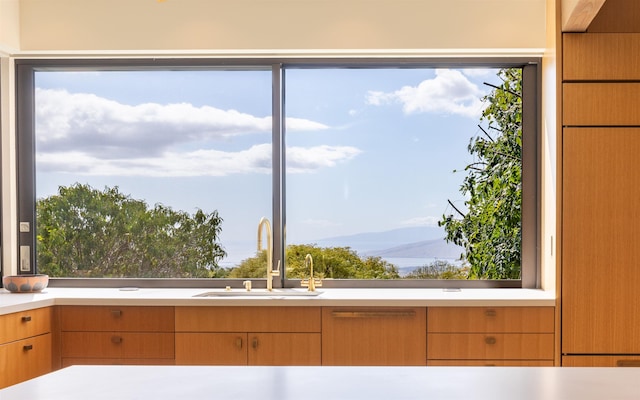 kitchen featuring a mountain view and sink