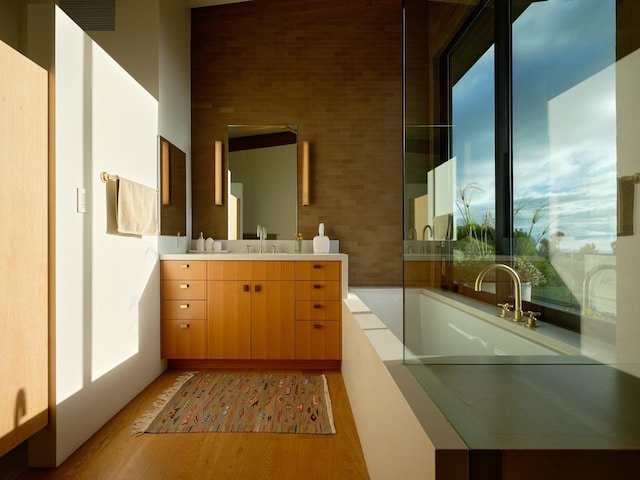 bathroom with hardwood / wood-style floors, vanity, and a tub to relax in