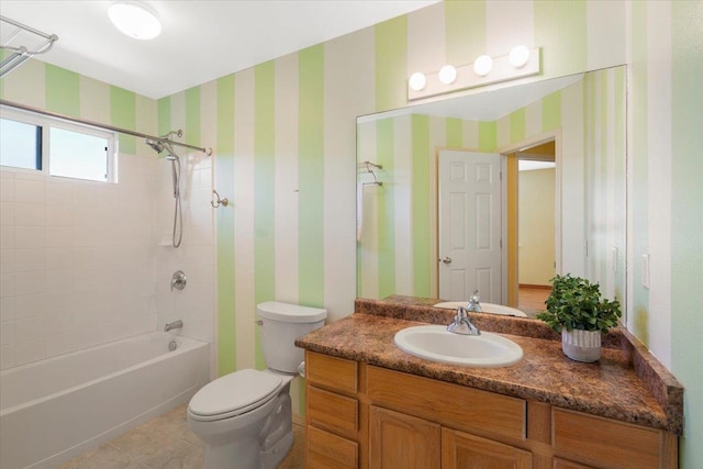 full bathroom featuring wallpapered walls, toilet, shower / tub combination, tile patterned floors, and vanity