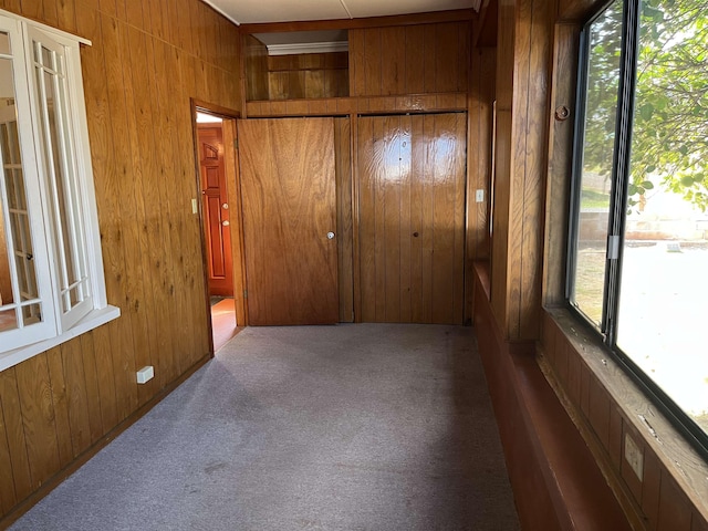 unfurnished bedroom featuring carpet flooring, wood walls, and multiple windows