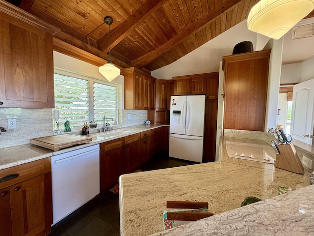 kitchen with white appliances, a sink, wooden ceiling, decorative backsplash, and brown cabinetry
