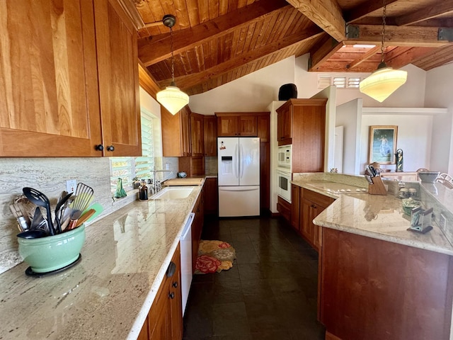kitchen with white appliances, a sink, wooden ceiling, a peninsula, and light stone countertops