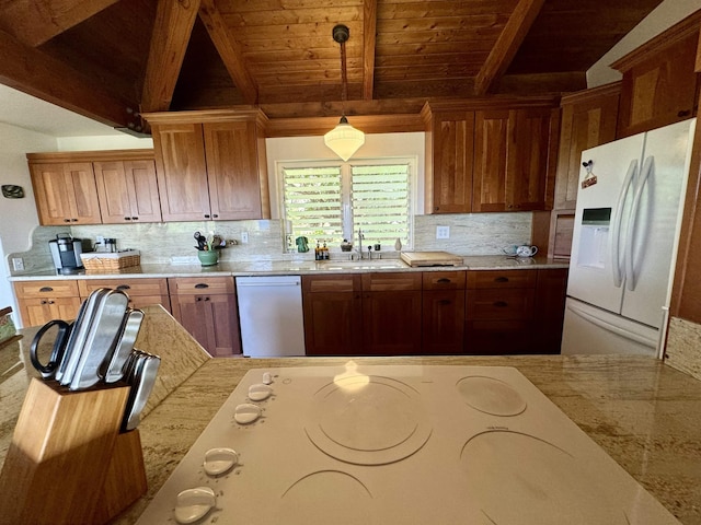 kitchen with wooden ceiling, dishwashing machine, white fridge with ice dispenser, decorative backsplash, and pendant lighting