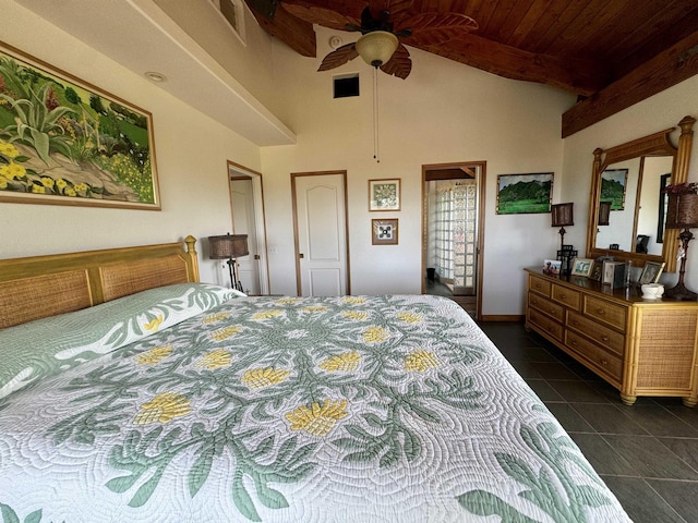 bedroom with wooden ceiling, dark tile patterned flooring, beam ceiling, high vaulted ceiling, and a ceiling fan